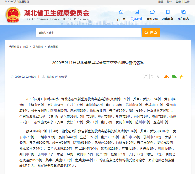 湖北省新增新型冠状病毒感染的肺炎病例1921例 新增死亡45例