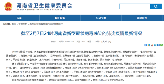 河南2月7日新增新冠肺炎67例 累计确诊981例 郑州新增8例