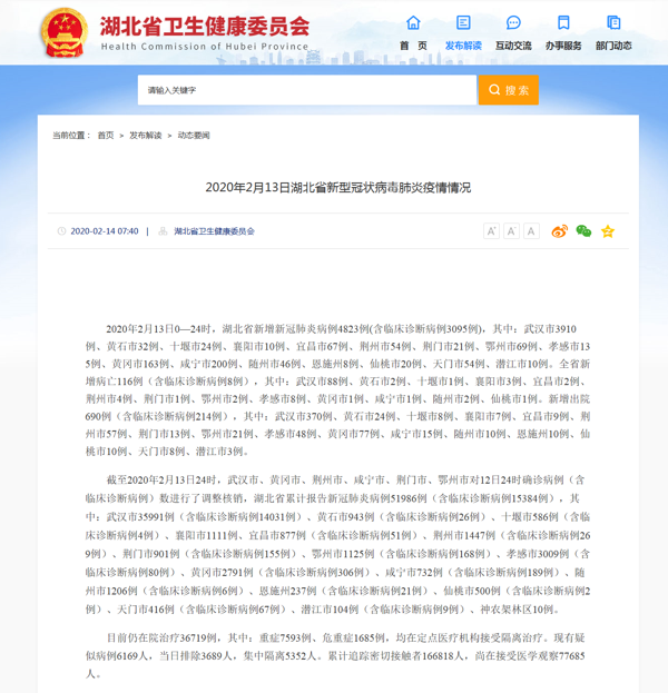 湖北省2月13日新增新冠肺炎确诊4823例 累计51986例
