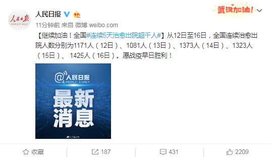 湖北以外新增病例13连降 全国连续5天治愈出院人数超千人
