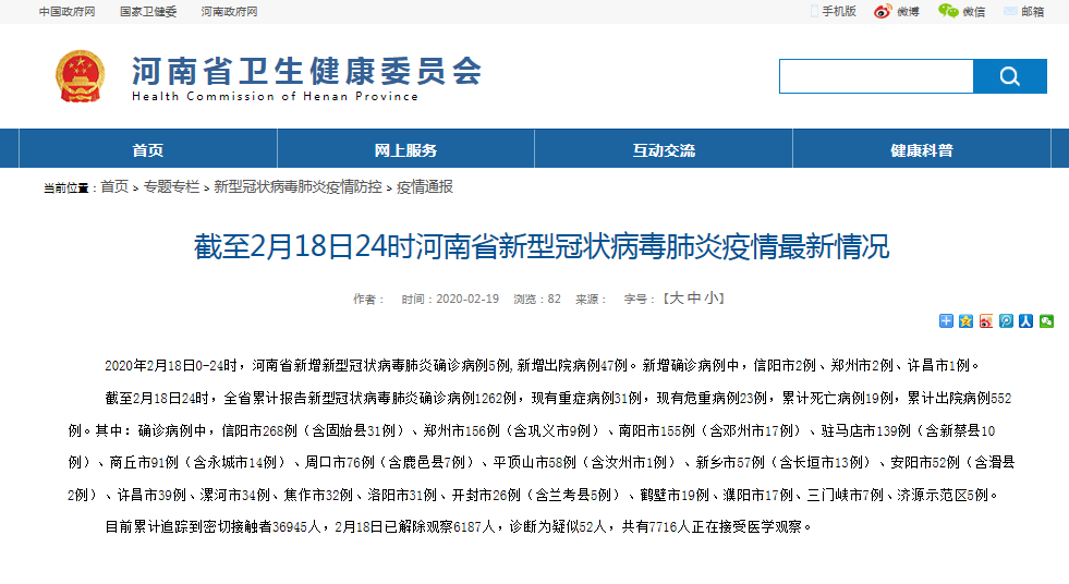 河南2月18日新增新冠肺炎确诊5例 累计1262例 治愈552例