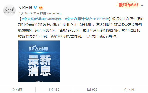 意大利新增新冠肺炎确诊4585例 累计确诊119827例，死亡14681例