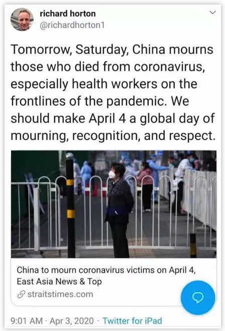 英国医学期刊《柳叶刀》主编倡议全球和中国一起在4月4日志哀