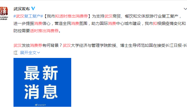 武汉拟适时推出消费券 网友持有积极态度