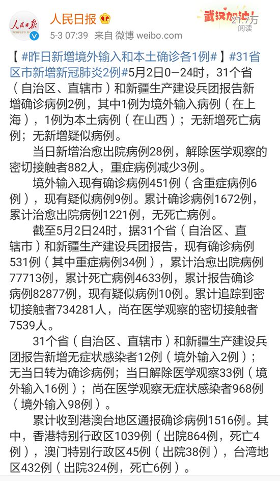 警惕！山西省5月2日新增1例本土确诊病例系武汉返回人士