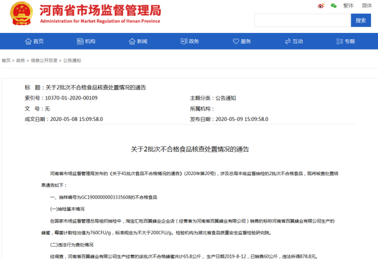 河南通告2批次不合格食品核查处置 河南省百翼蜂业有限公司上榜