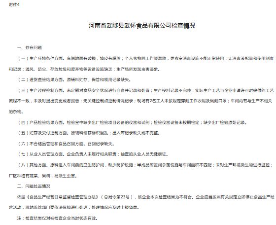 河南省市场监督管理局开展监督检查 河南省武陟县武怀食品有限公司不合格