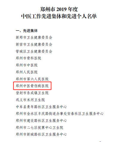 郑州中医骨伤病医院和郭永昌院长被评为“2019年度郑州市中医工作先进集体和先进个人”