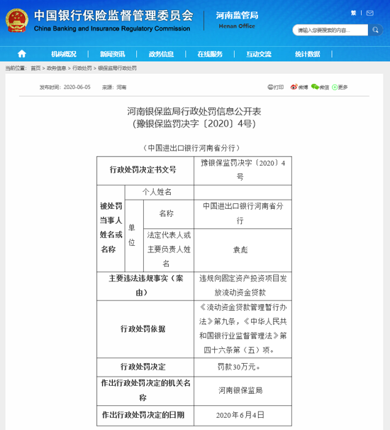 中国进出口银行河南省分行因违规发放贷款被罚款30万元