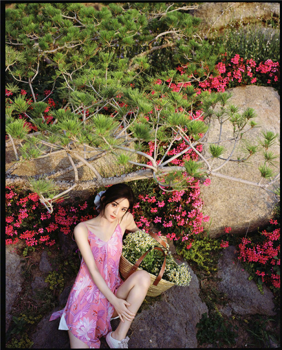 赵丽颖身穿粉色吊带裙置身于花草之间 静谧优雅
