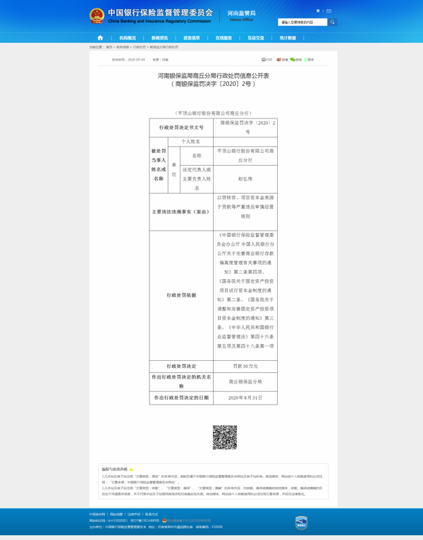 平顶山银行商丘分行被罚30万：以贷转存、项目资本金来源于贷款严重违规