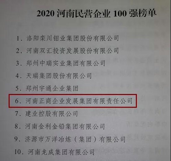 正商集团荣膺2020河南民营企业100强房企第一名