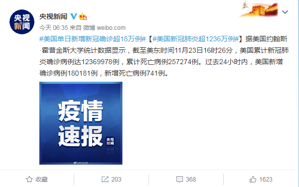 美国单日新增新冠确诊超18万例 全美今年已发生575起大规模枪击事件