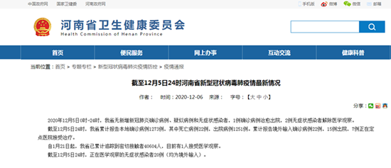 12月5日河南省无新增新冠肺炎确诊病例 1例确诊病例治愈出院