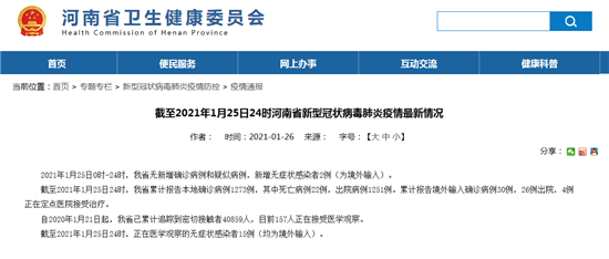 截至2021年1月25日24时河南省新型冠状病毒肺炎疫情最新情况