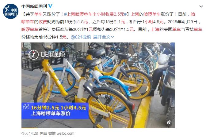 上海哈啰单车半小时收费2.5元 网友：这不就是我们大学城么？