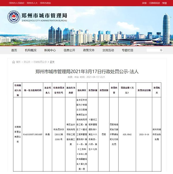 郑州锦艺金水湾观悦苑项目工程因违法施工被城管重罚620万余元