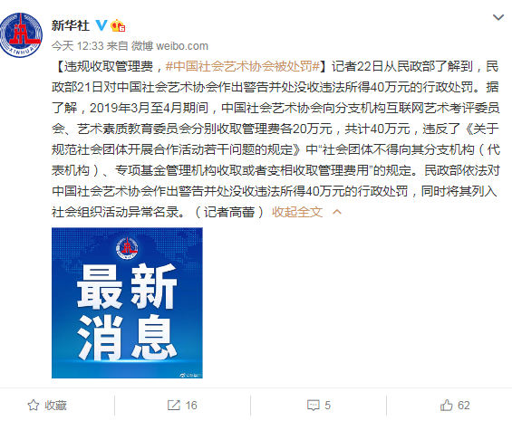 违规收取管理费 中国社会艺术协会被处罚