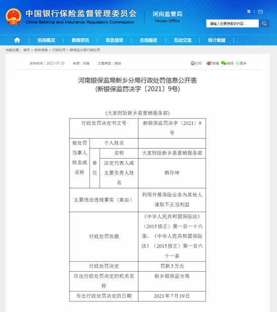 大家财险新乡县营销服务部因利用开展保险业务为其他人谋取不正当利益违规被罚款5万元