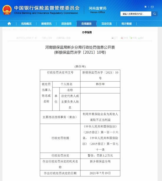 大家财险新乡县营销服务部因利用开展保险业务为其他人谋取不正当利益违规被罚款5万元