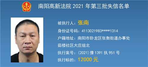 南阳高新区法院公布第三期失信被执行人名单