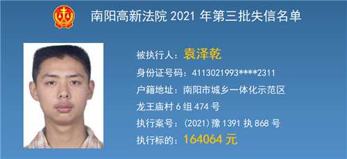 南阳高新区法院公布第三期失信被执行人名单