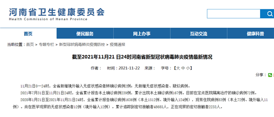 截至11月21日河南省新型冠状病毒肺炎疫情最新情况