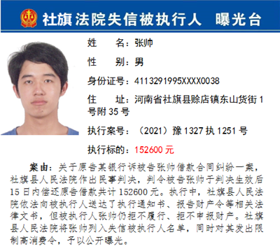 社旗县法院公布第五批失信被执行人名单