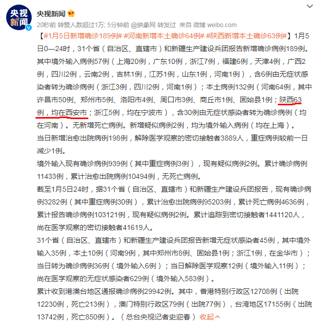 陕西疫情最新消息|1月5日陕西新增63例本土确诊病例，均在西安市