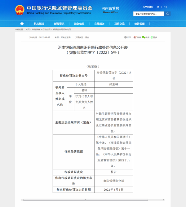 中国民生银行南阳分行因违规办理无真实贸易背景的银行承兑汇票业务被罚款50万元