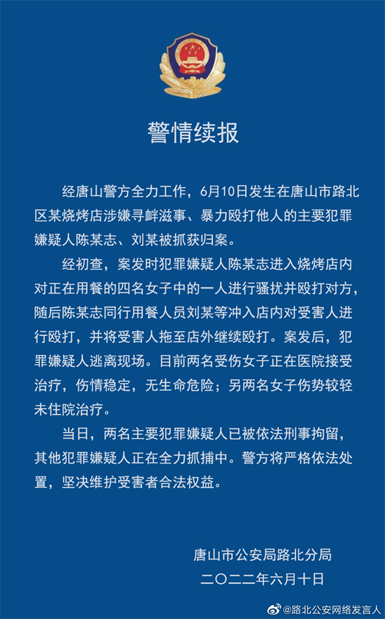 必须严惩！唐山警方：又抓获三名打人事件涉案人员