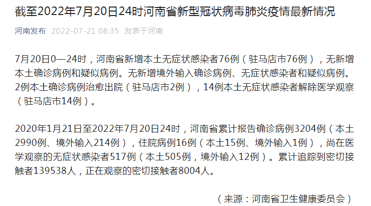 7月20日河南新增本土无症状感染者76例，均在驻马店