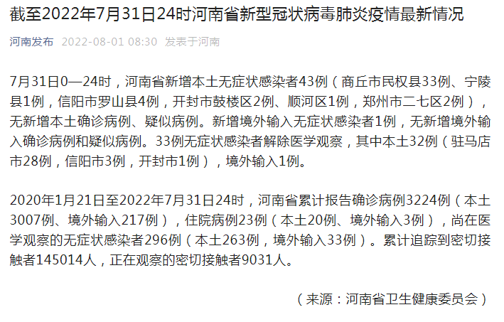 7月31河南省新增本土无症状感染者43例
