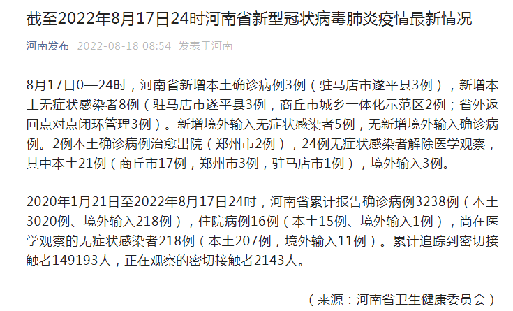 河南疫情最新消息|8月17日河南省新增本土确诊病例3例、本土无症状感染者8例
