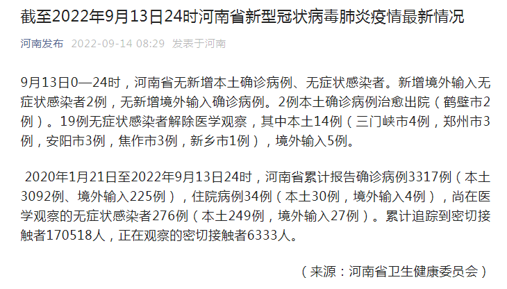 河南疫情最新消息|9月13日河南省无新增本土确诊病例、无症状感染者