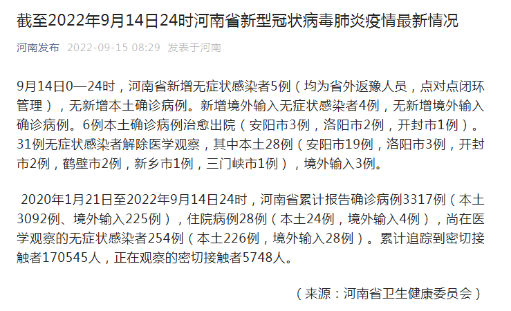 河南疫情最新消息|9月14日河南省新增无症状感染者5例