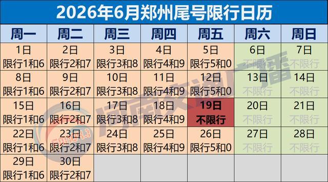 @郑州人！6月限行尾号日历(含高考期间/端午假期)